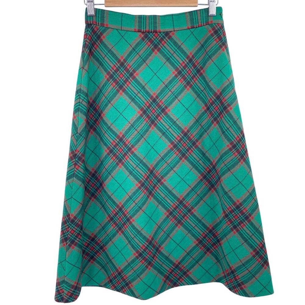 Vintage green plaid midi skirt size medium 60s union made preppy Nerd rock a bil